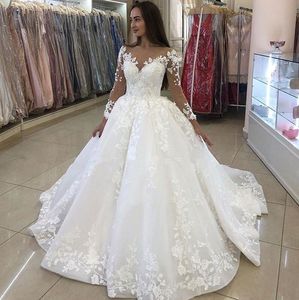 Custom Long Sleeves Lace Ball Gown Wedding Dresses 2021 with Appliques Sweep Train Tulle Plus Size Lace Up Bridal Gowns