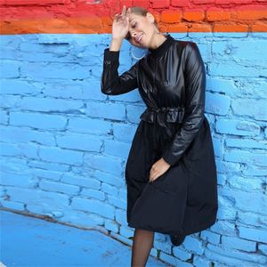 Pu Patchwork Sashes Party Dress Long Sleeve Stand Collar Winter Dress 2019 New Fashion Black Solid a Line Midi Dress Vintage LJ200818