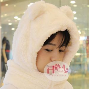 Beanie/Skull Caps 2021 Fashion Cotton Warm Animal Hoodies Hat Sciarpa Bianco Fluffy One Piece Set Cute Bear Winter For Women Girls1