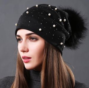 Women Beanie Hats Winter Hats Ladies Double Cotton Warm Casual Hat Real Raccoon Fur Balls Pom Pom Ball Hats Pearls Diamonds Beanies Cap