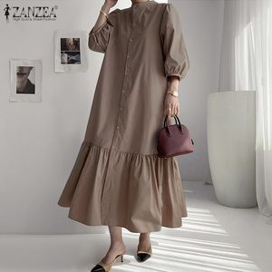 ZANZEA Elegant Puff Sleeve Ruffles Hem Dress Fashion Women Autumn Sundress Casual Buttons Down Loose Vestido Party Dresses Robe Y0118