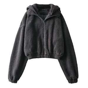 Mode Fluffy Teddy Sweatshirt Crop Top Kvinnor Zip Up Short Turtleneck Ladies Faux Fleece Warm Beskuren