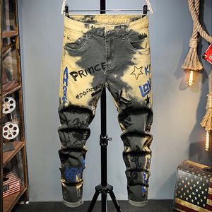 Print Slim Yellow Mens Fashion Painting Hip Hop Pants Ripped Patch Elastic Letter Embroidery Stretch Jeans Pantalones Para Hombre Vaqueros HH44