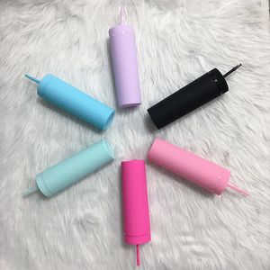 16oz 6 cores Acrílico Skinny Tojblers com palhas da tampa plástica copo de plástico camada dupla matte matte água copo casamento presente de dama de honra