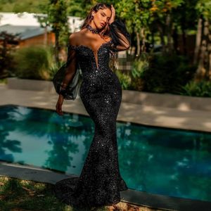 Mode Black Sequined Mermaid Prom Klänningar med Puff Tutu Full Sleeves Prom Evening Gowns Sexig formell klänning Robe de Soiree