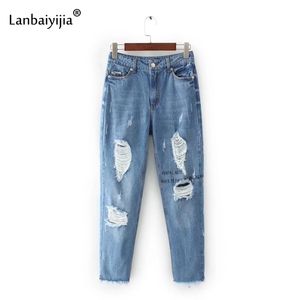 Lanbaiyijia أوروبا أمريكا الجديدة جينز جينز طباعة رسائل شرابة ثقب الكاحل طول السراويل فضفاضة مستقيم جينز السراويل S-XL 201029