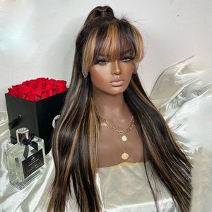 200 Density Highlights Brown Blonde Straight Remy Ombre Human Hair 13x6 Lace Front Fringe Wigs Full Lace Frontal Wig With Bangs