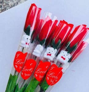 Simulation Rose Flower Single Red Roses Cartoon Bear With a heart-shaped Sticker Valentines Day Gift Mothers Day Gift Wedding