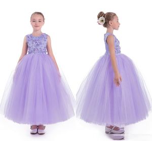 3 dの花のアップリケの花の女の子の服紫のビーズボールガウンチュール子供のドレス美しいフラワーガールのウェディングドレス