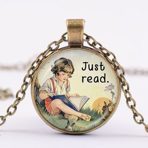 Just Read Necklace Children Reading Book Picture and Rabbit Cartoon Glass Cabochon Silver Plated Choker for Book Lovers