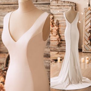 2022 Simples e elegante montado Slim sereia vestido de casamento v-garganta back botões mangas nupcial vestidos formais minimalistas marfim cetim noiva vestidos de veste robe de mariage