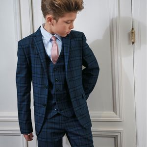 Custom Made Navy Check Boys Byxor Passar 3 stycken Set Tuxedos För Bröllopsmiddag Barn Barn Tuxedo