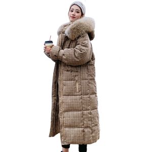 韓国風の冬のジャケットの女性がフードされた毛皮のX長いコート厚さの暖かいパッド入りパーカー高品質201023