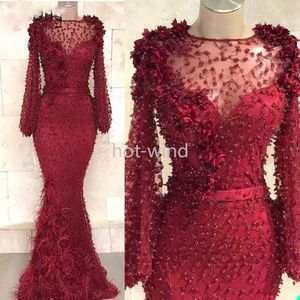 Amazing Burgundy Mermaid Prom Dresses Sheer Jewel Neck Long Sleeve Lace Appliques Arabic Evening Dress Gown Vestidos De Gala EE
