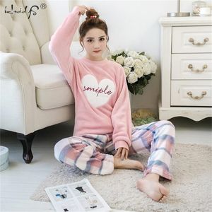 Listrado flamingo pijamas conjunto para mulheres novo o-pescoço manga longa flanela sleepwear terno inverno quente duas peças conjunto homewear 201217