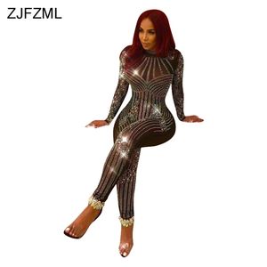 ZJFZML Mesh Patchwork Sexy Skinny Tuta lucido strass nero manica intera pagliaccetto elegante O-Collo prospettiva casual generale T200107