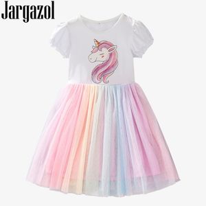 Jargazol Rainbow Unicorn Dress Kids Clothes Baby Girl Dresses Elegant Cute Summer Short Sleeve Princess Dress Mesh Vestidos LJ200923