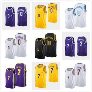 Mens Basquetebol Westbrook 0 Anthony 7 Bordado Logo Costurado preto amarelo branco roxo camisas de fábrica atacado tamanho de alta qualidade S-XXL