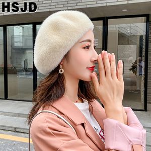 Autumn Winter Women Berets French Classic Solid Color Plush Mink Cashmere Beret Hat Winter Warm Knitting Hats Female Walking Cap 201009