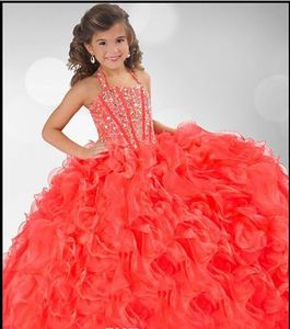 Custom Sparkly Coral Halter Ball Gown for Girls - Organza Crystal Beaded Flower Girl Dress