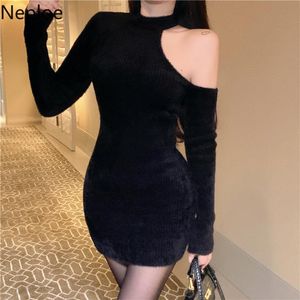 Casual Dresses Neploel Sexy Y2K Kleid Frauen Halbhohe Kragen Schwarz Robe Chic Hollw aus Schulter gestrickt Vestidos Korean Bodycon Mini