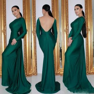 Cheap Simple Emerald Green Long Sleeves Open Back Evening Dresses Sweep Train Backless Prom Dress Formal Dress Wear Party Dress robes