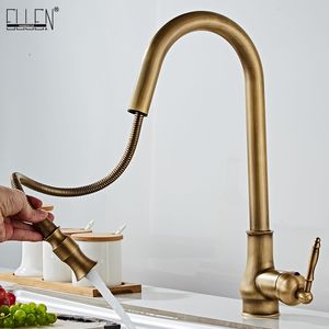 Antique Bronze Kitchen Faucets Pull Out Hot Cold Sink Swivel 360 Degree Water Faucet Water Mixer Pull Down Mixer Taps ELM902AB T200710