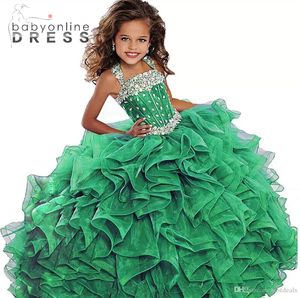 Vestido Verde Junior al por mayor-Emerald Green Girls Pageant Dress Ball Vestido Largo Turquoise Organza Crystals Ruffled Flower Girls Cumpleaños Vestidos de fiesta para Junior