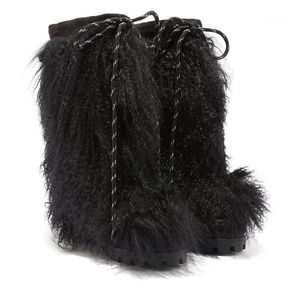 Winter Warming Girls Black Full Wool Fur Thick Heel Short Boots Woman Round Toe 100 mm Hidden Wedge Heel Slip On Snow Boots Lady1