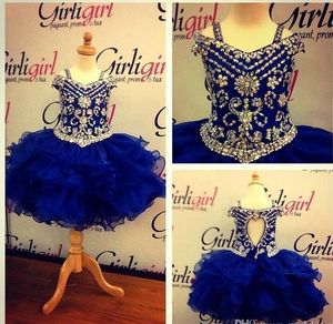 Real Images Cute Little Girls Pageant Dresses Organza Fabric Crystal Beads Ball Gown Royal Blue Flower Girl Dresses Toddlers Kids Communion