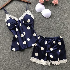 Mulheres sexy pijamas com almofada no peito cetim flor impressão pijamas feminino 2 peça conjunto 2019 pijamas de verão para mulheres pijama nightsuits t200701