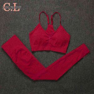 Chleisure Red Women Tracksuit for Fitness Sports Bezproblemowy lato 2 sztuki zestaw sportowy Kobiet Kobiety Push Up Bra i Baygy Leggins 220105