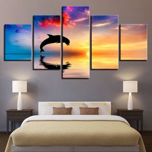 Wholesale dolphins paintings resale online - Canvas HD Prints Pictures Living Room Wall Art Pieces Dolphins Swim Jump Paintings Home Decor Sunset Seascape Poster Framework