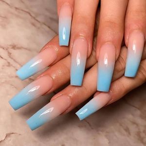 24 sztuk Nail nails Trumny Długie Gradienty Baletowe Niebieski Manicure Patch Sztuczne paznokcie z klejem dla dziewczyn