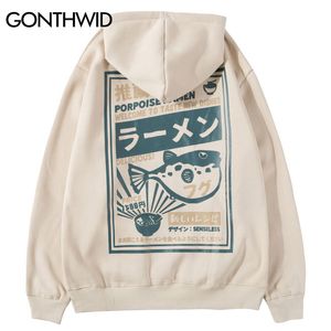 GONTHWID Puffer Fish Ramen Print Fleece Hoodies Hip Hop Casual Pullover Hooded Sweatshirt Men Harajuku Casual Fashion Streetwear C1011