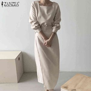 2021 Stylish Women Solid Sundress ZANZEA Vintage Long Sleeve Square Neck Midi Dress Autumn OL Office Kaftan Female Lace Up Robe Y220214