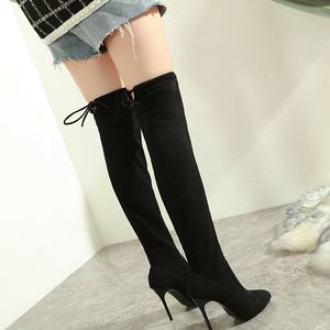 Hot Sale Concoise Black Syntetic Suede Over The Knee Lår High Boots Fashion High Heels Stövlar Storlek 35 till 40