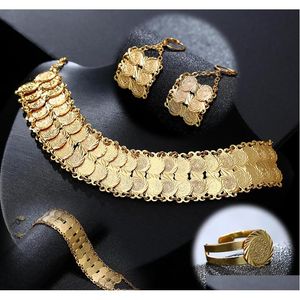 Requintada moda do leste do leste do leste ￡rabe noiva mu￧ulmana colar ringue de brechas de bracelete de colora￧￣o dourada j￳ias de casamento acess￳rios cqdax