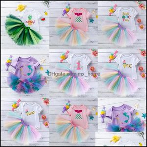 Zestawy odzieżowe Baby Kids Baby, Maternity Girls Stroje Niemowlę Mermaid Pine Lody Drukuj Romper Topy + Koronki Netto Przędzy Rainbow Spódnice + Headban