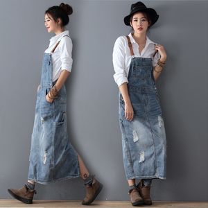 Moda Maxi Denim Verão Senhoras Suspcionistas Holes Vestidos Feminino Loose Plus Size Bib Blue Jeans Vestido longo 8075 Y200120 ES