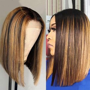 Ombre Lace Front Wig Highlight Kolorowe Ludzkie Włosy Peruki Krótki Bob 13x4 Frontal Proste Remy 150 Diva1