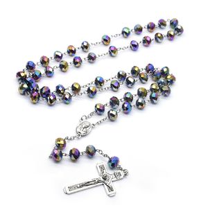 Katholische Rosenkranz-Halskette, großer Kristall, Vintage-Jesus-Kreuz-Anhänger, religiöser Schmuck, Geschenke für Männer und Frauen