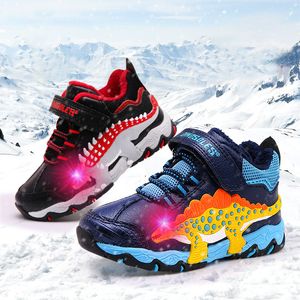 Dinoskulls pojkar stövlar ljus upp fleece barn snö stövlar 3d dinosaur Led sport barn skor vattentät vinter pojke sneaker 201130