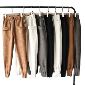 Women Autumn Winter Pencil Pants Fashion High Waist Elastic Pockets Suede Harem Pants Black Slim Plus Size Trousers Femme LJ201130