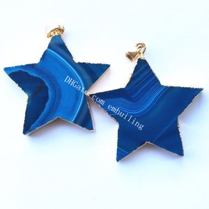 50Pcs Polished Pretty Dyed Blue Purple Green Rose Red Natural Banded Striped Agate Five Pointed Star Luck Charm Pendant with Gold Plated Rim