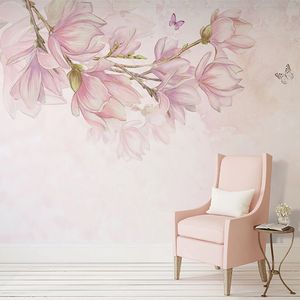 Benutzerdefinierte 3D-Tapeten-Wandbilder, handgemalte rosa Blumen, Wandkunst-Wandbild, pastorales Schlafzimmer, Wohnzimmer, Fotopapiere, Heimdekoration