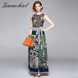 2020 Summer Fall Office Lady Lace-up Skirt Maxi Skirt + Ärmlös Klänning Två Piece Set Kvinnors Retro Pattern Print 2 Piece Outfits T200702