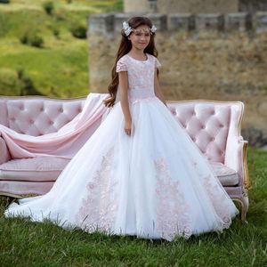2022 schattige roze kant applicaties korte mouwen eerste communie jurken kinderen pageant jurken bloem meisje jurken