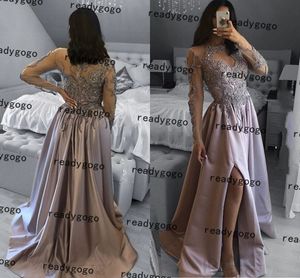 Silvergrön långärmad prom formella klänningar spetsfläck pärlor sexig slits vestido de noche i full längd aftonklänning slitage