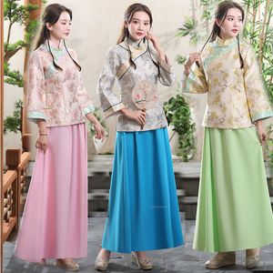Mulheres chineses tang terno palco desgaste manga comprida top + saia fantasia antiga flor bordada hanfu asia elegante roupa de perfomance elegante